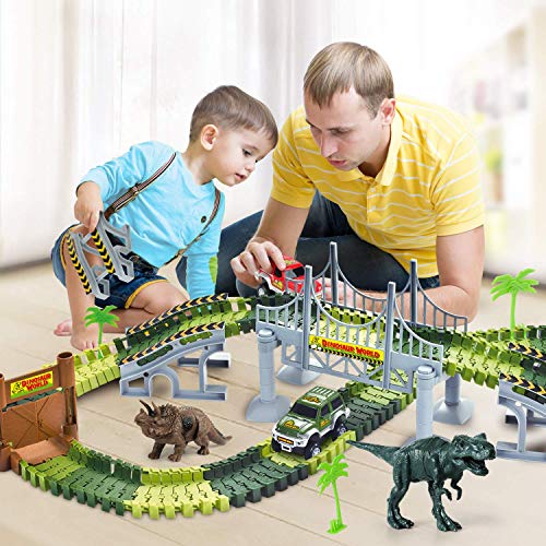 AUUGUU Kids Dinosaur Race Car Track with Flexible Track, Dino Toys, Bridge, Ramps and 2 Race Car Toys – Prehistoric Race Track for Kids Age 3-5 AUUGUU Kids Dinosaur Race Car Track with Flexible Track, Dino Toys, Bridge, Ramps and 2 Race Car Toys – Prehistoric Race Track for Kids Age 3-5
